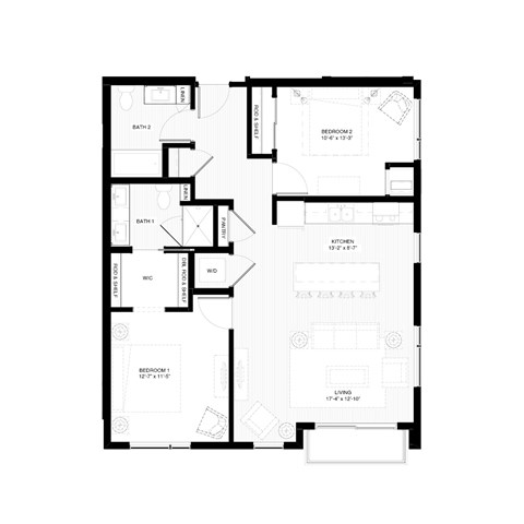 Floor plan for 2 beds, 2 baths, 1044 sqft